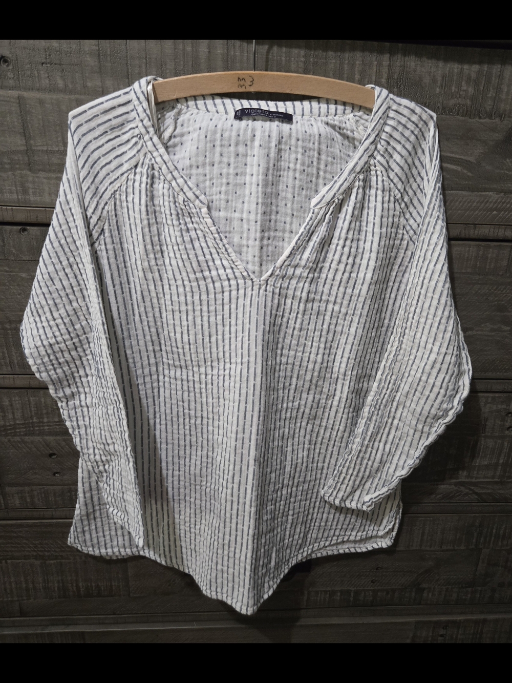 Violeta by Mango White Blue Striped Gauze Cotton Tunic Top Boho Oversized Size S